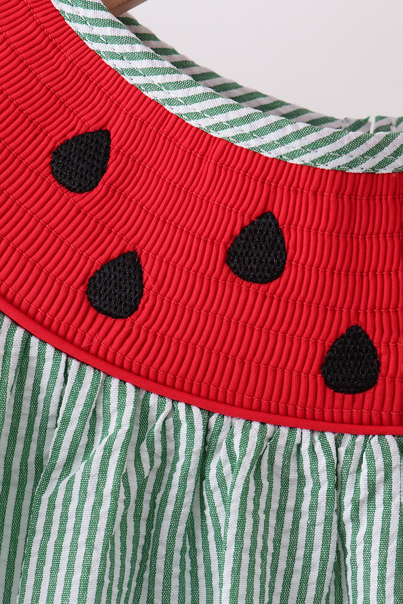 Green Watermelon Stripe Smocked Embroidered Seersucker Dress