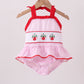 Pink stripe seersucker strawberry smocked one-piece swimsuit