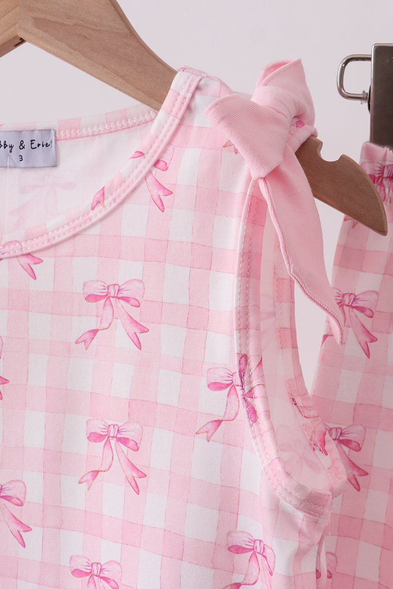 Pink bow print scalloped ruffle shorts set