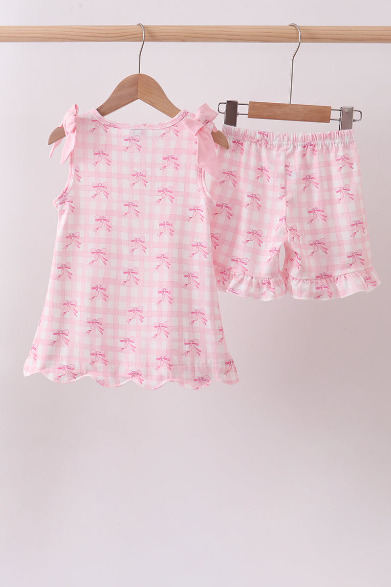 Pink bow print scalloped ruffle shorts set