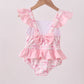 Pink bow print ruffle one-piece swimsuit
