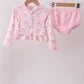 Pink bow print ruffle zipper 2pc swimsuit