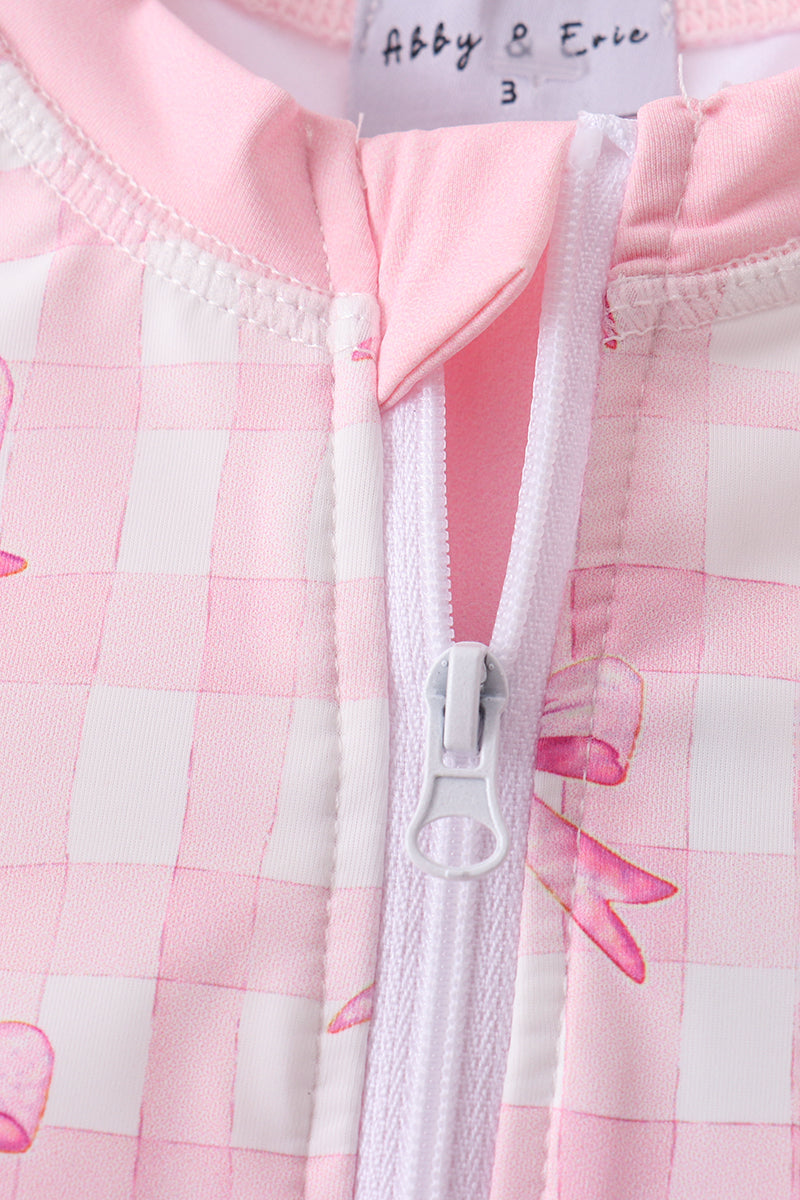 Pink bow print ruffle zipper 2pc swimsuit