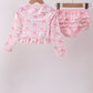 Pink bow print ruffle zipper 2pc swimsuit