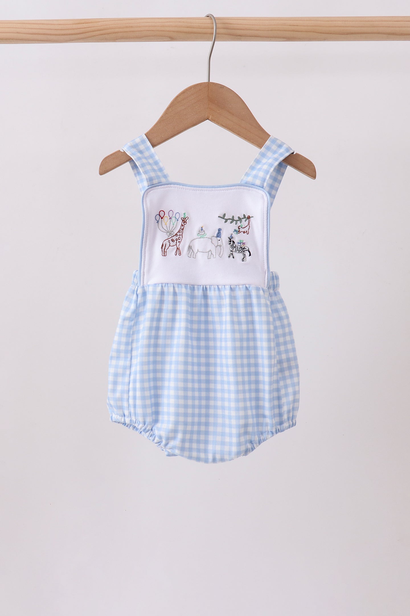Blue Gingham Animal Embroidered Bubble