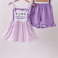Purple floral embroidery gingham ruffle shorts set