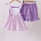Purple floral embroidery gingham ruffle shorts set