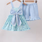 Blue beach print bow ruffle shorts set