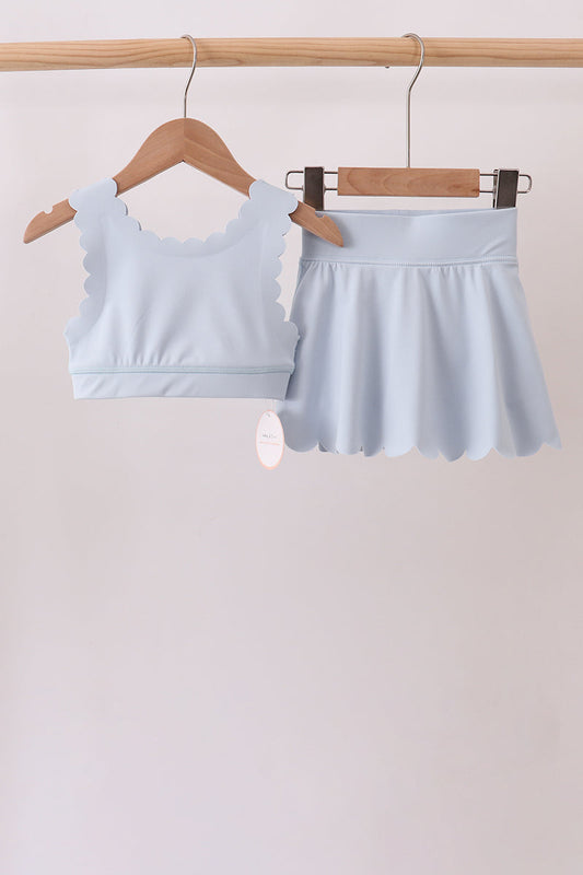Blue Scalloped Yoga Skorts Set