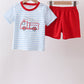 Blue Fire Engine Stripe Embroidered Set