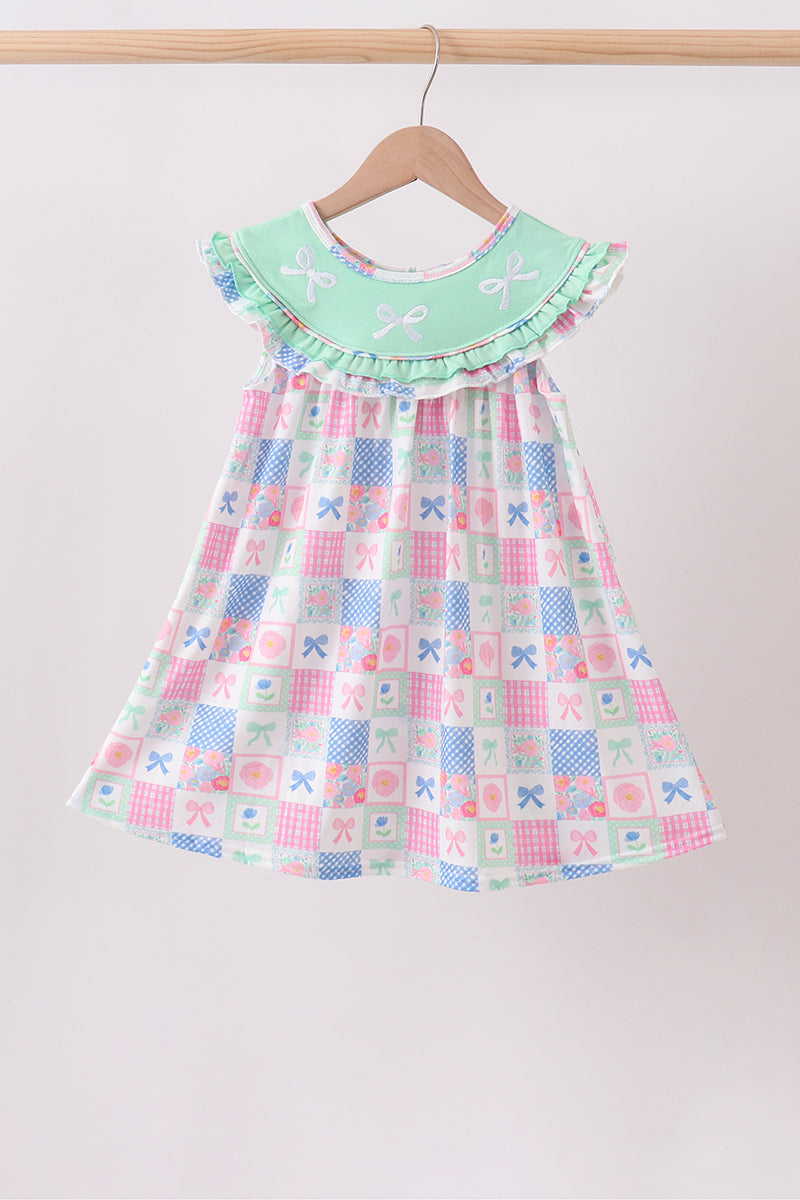 Green Bow Embroidered Checkered Dress