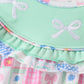 Green Bow Embroidered Checkered Dress
