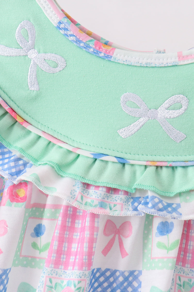 Green Bow Embroidered Checkered Dress