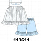 Blue Floral Embroidered Ruffle Shorts Set