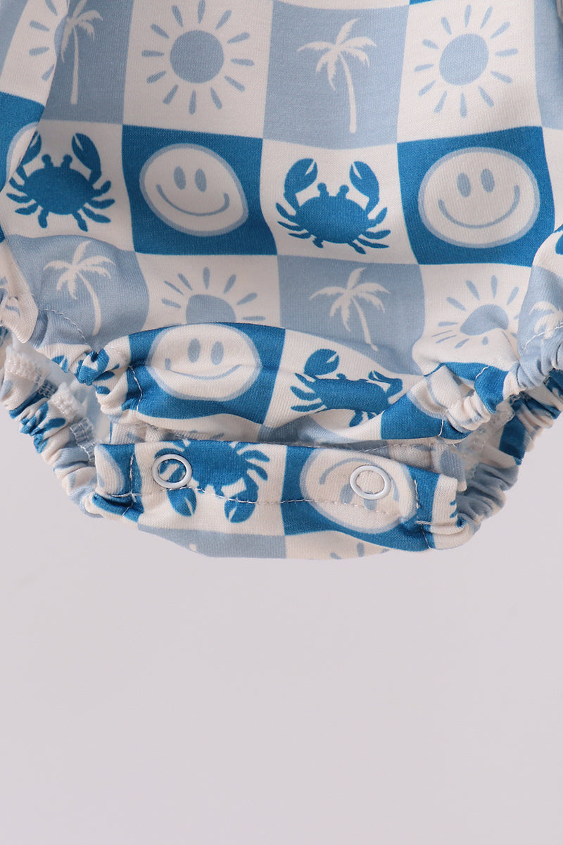 Blue Crab Embroidered Checkered Ruffle Bubble