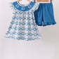 Blue Crab Embroidered Checkered Ruffle Shorts Set