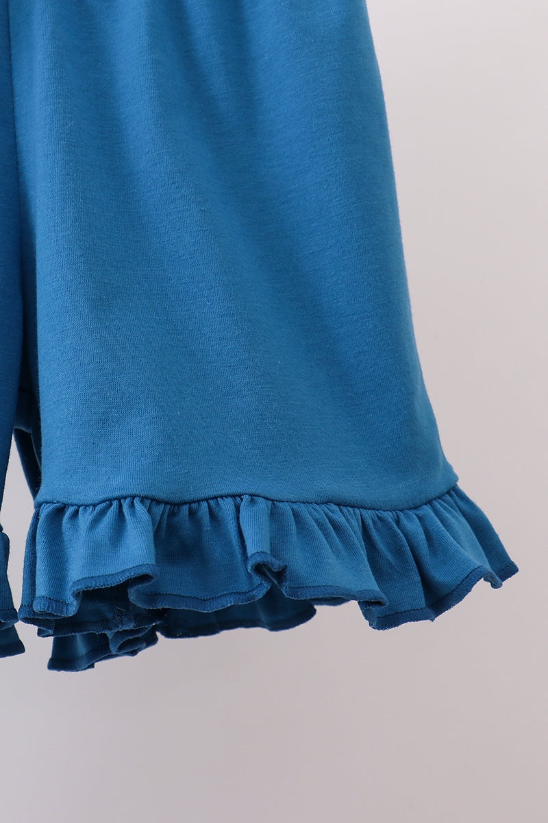 Blue Crab Embroidered Checkered Ruffle Shorts Set