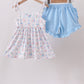 Blue Floral Smocked Ruffle Shorts Set