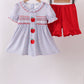 Blue Apple Embroidered Plaid Ruffle Shorts Set
