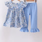 Blue Floral Print Ruffle Pants Set