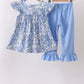 Blue Floral Print Ruffle Pants Set