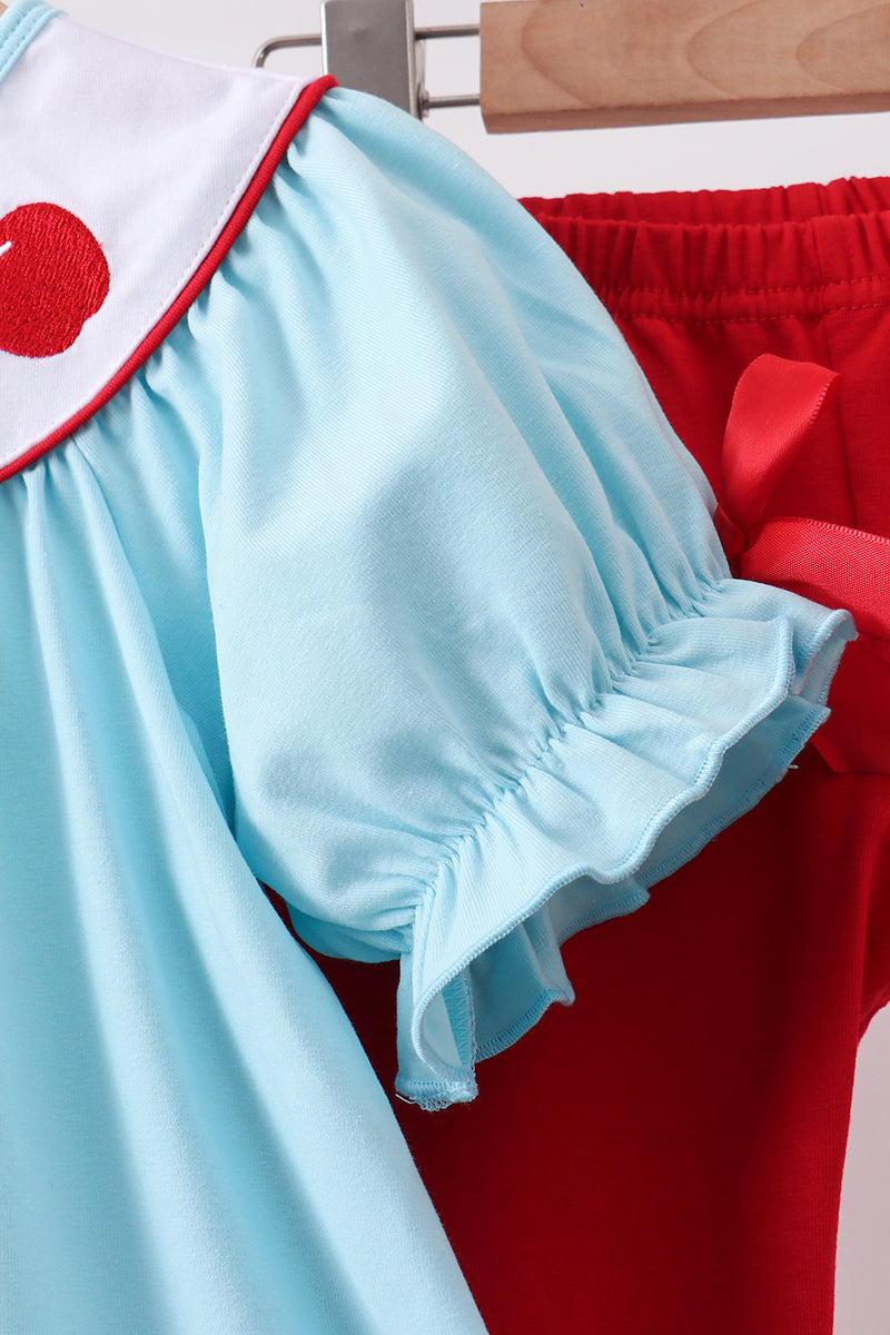 Blue Apple Embroidered Pants Set