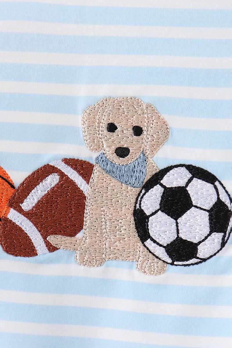 Blue Puppy Ball Embroidered Stripe Bubble