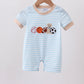 Blue Puppy Ball Embroidered Stripe Romper