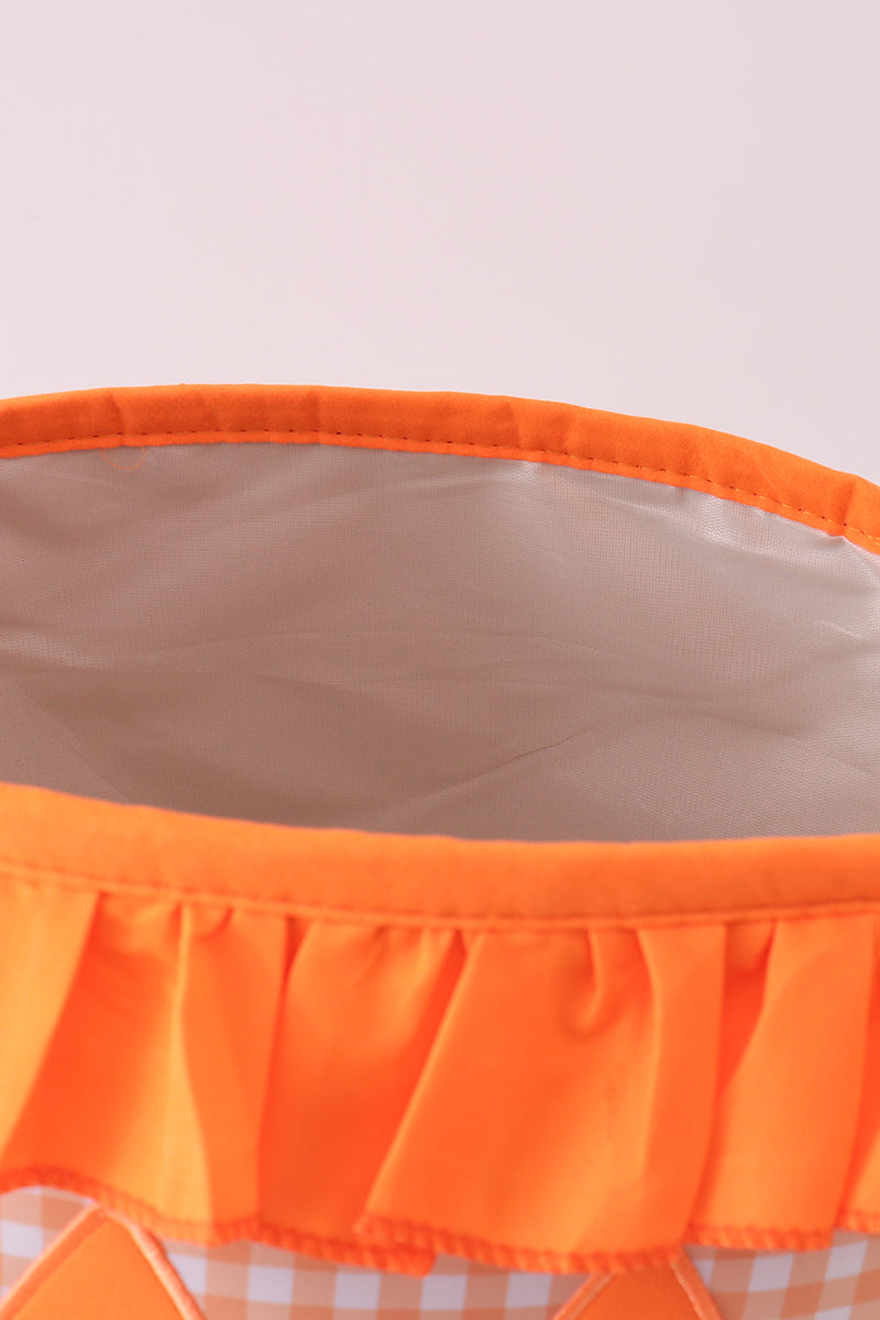 Orange Pumpkin Applique Gingham Ruffle Basket