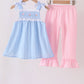 Blue Floral Smocked Lace Ruffle Pants Set