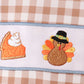 Brown turkey pumpkin embroidery gingham romper