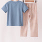 Blue turkey pumpkin embroidery gingham pants set
