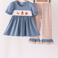 Blue turkey pumpkin embroidery gingham ruffle pants set