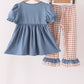 Blue turkey pumpkin embroidery gingham ruffle pants set
