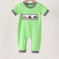 Green car embroidery checkered romper