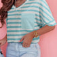 Sky Blue Stripe V Neck Patched Pocket Casual T Shirt