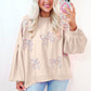 Parchment Embroidered Bow Lantern Sleeve Oversized Pullover Sweatshirt