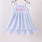 Blue Bow Embroidered Stripe Ruffle Dress