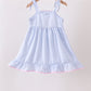 Blue Bow Embroidered Stripe Ruffle Dress