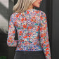 Blue Slim Fit Floral Mesh Long Sleeve Mock Neck Top