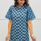 Sky Blue Frayed Hem Checkered Denim Mini Dress