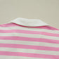 Pink Stripe Collar V Neck Ruffled Short Sleeve Blouse