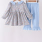 Blue Floral Bow Smocked Ruffle Pants Set