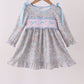 Blue Floral Bow Smocked Ruffle Dress