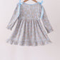 Blue Floral Bow Smocked Ruffle Dress