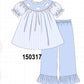 Blue ghost embroidery gingham ruffle pants set