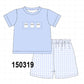 Blue ghost embroidery gingham shorts set