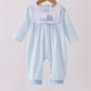 Blue train embroidery gingham romper