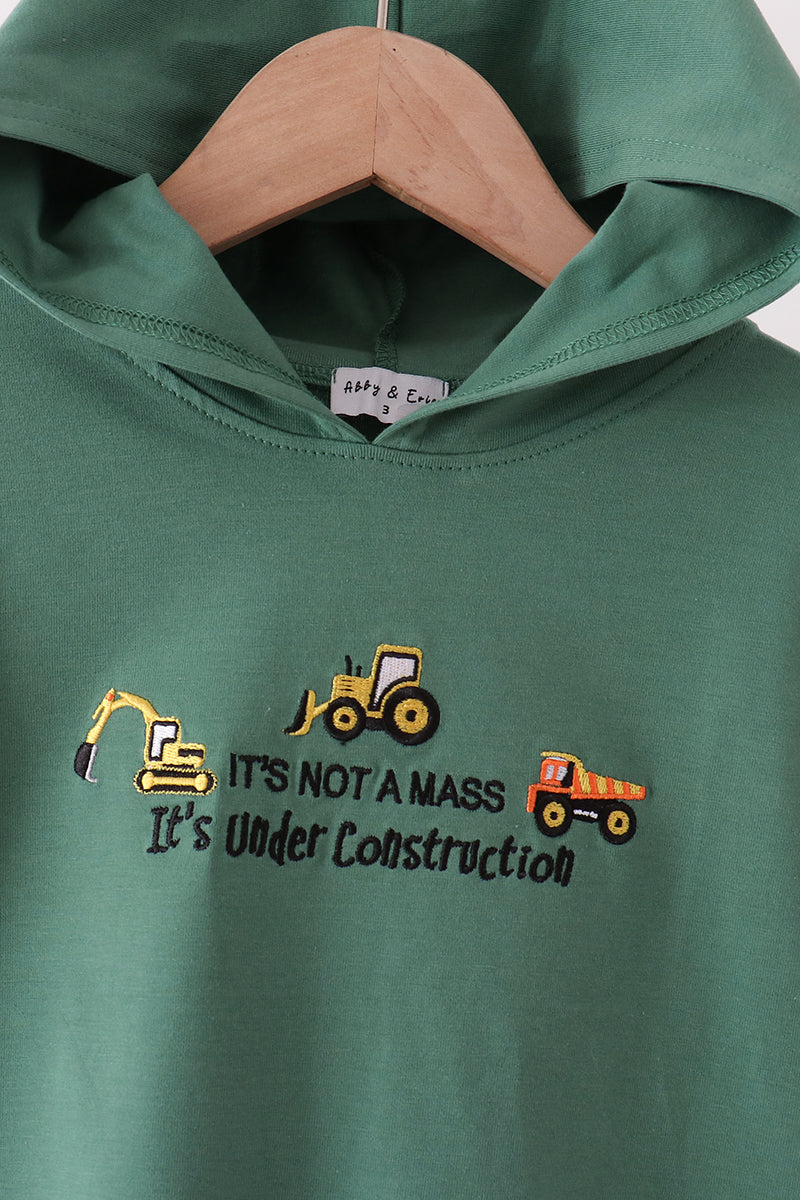 Green construction vehicle embroidery hoodie