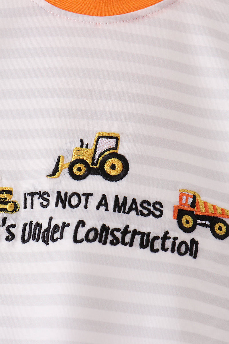 Gray stripe construction vehicle embroidery romper